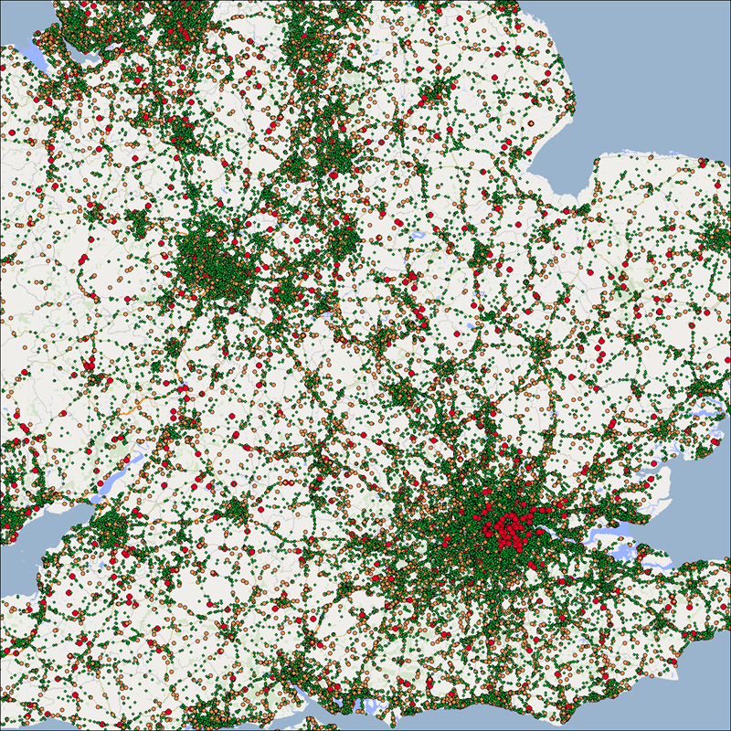 A map showing accident locations in the South of the UK.