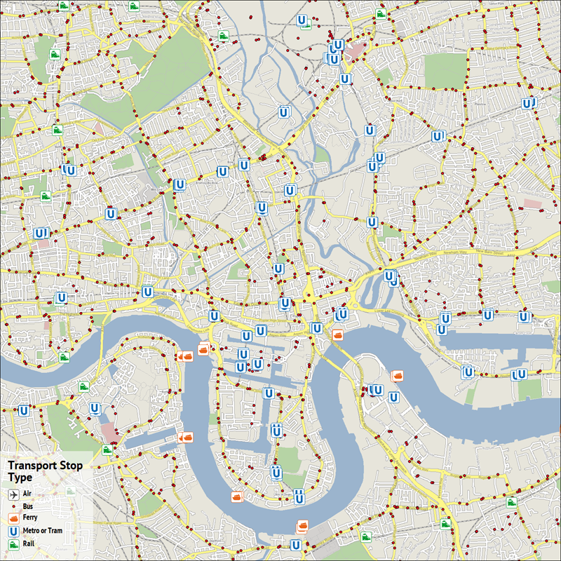 A map showing the public transport infrastructure in the Isle of Dogs.