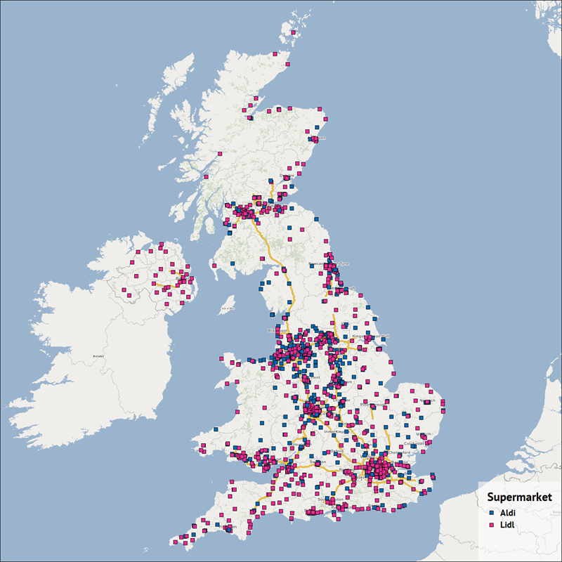 A map of the UK showing locations of Aldi and Lidl supermarkets.