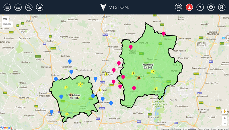 Map showing two existing territories with their customers plotted.