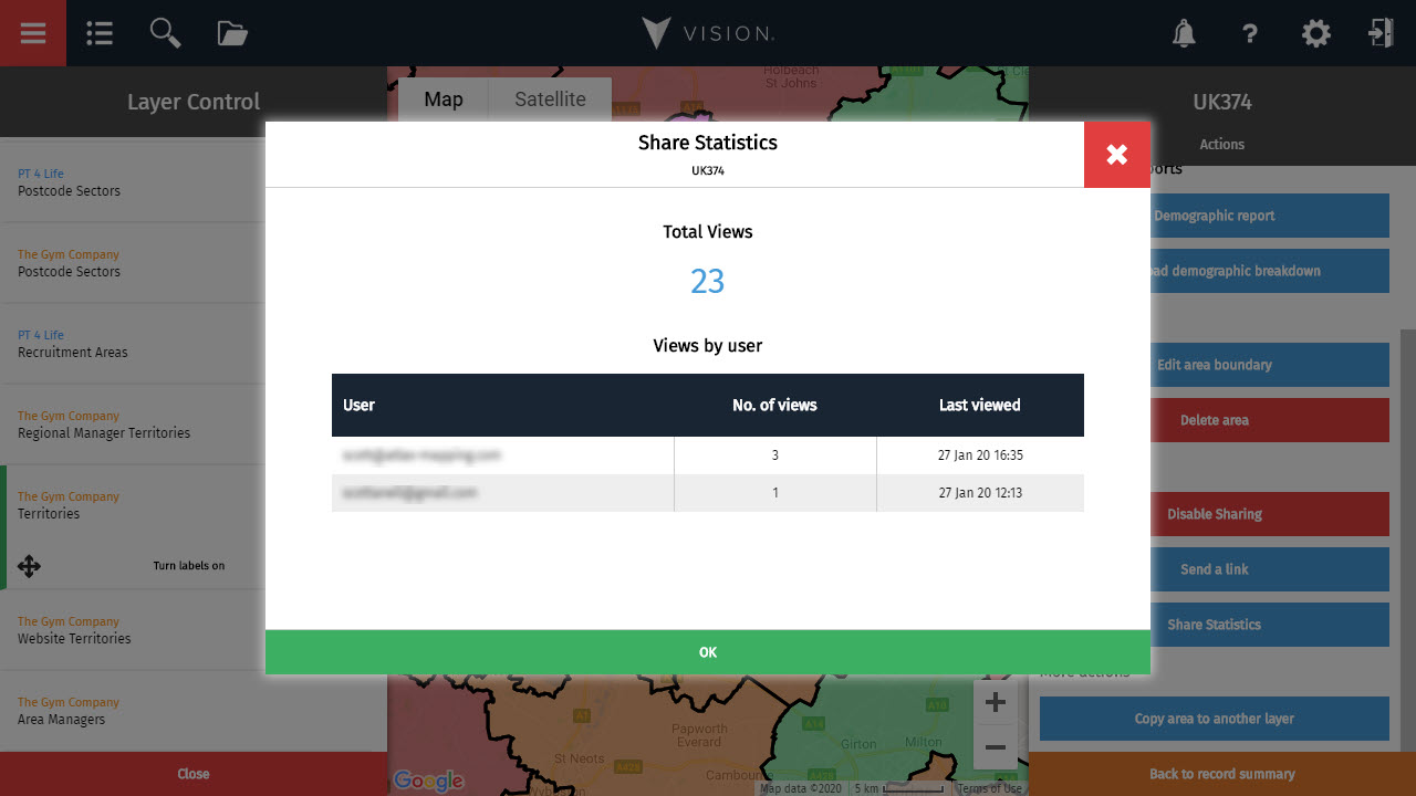 Share statistics shows you how many times your area has been viewed and who by.