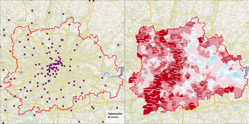 Side-by-side maps of London showing the correspondence between wealth (right) and the location of Waitrose stores (left).